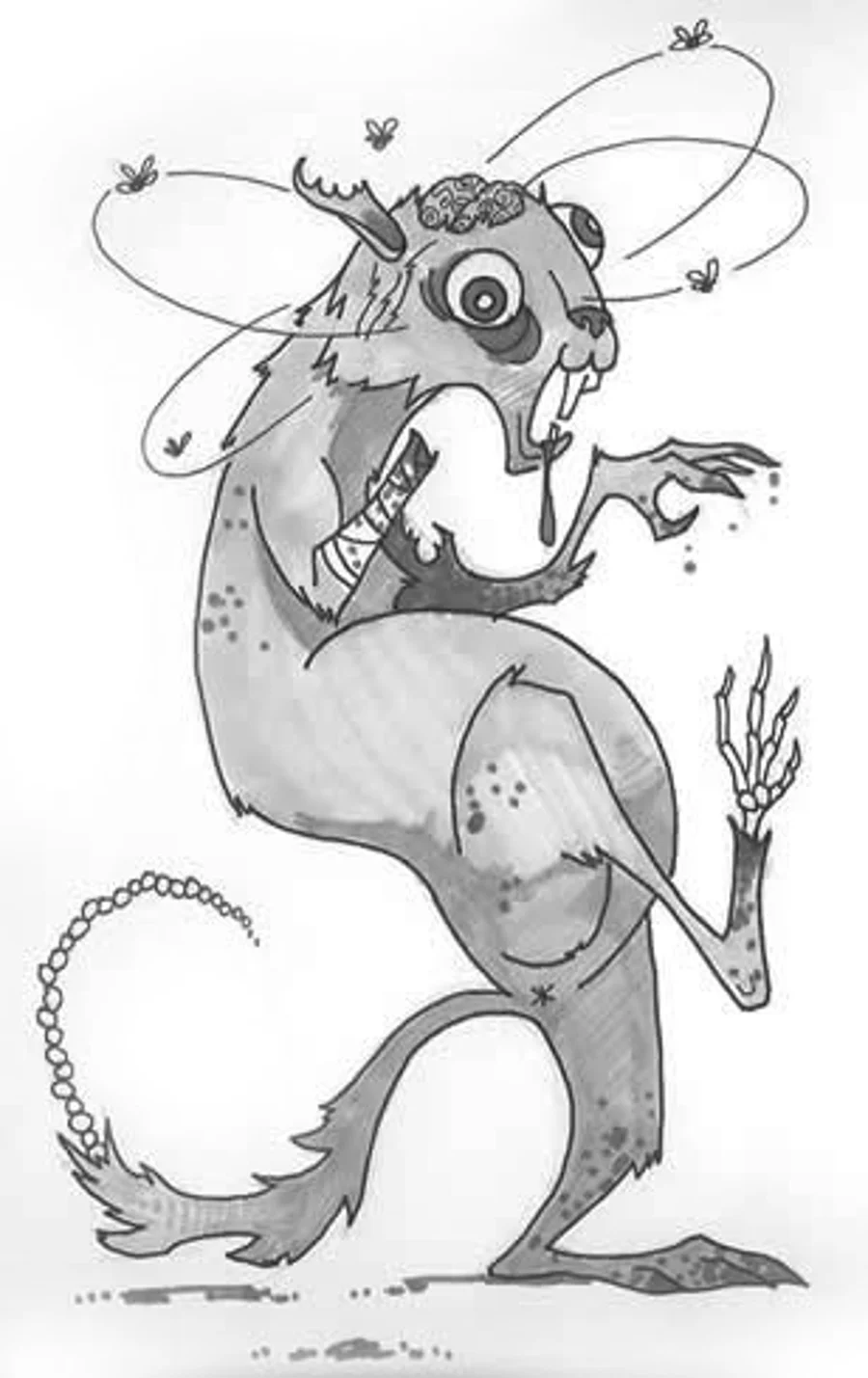 Concept sketch of undead squirrel creature with exposed brain and insect wings